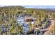 Aerial view of a cozy cabin surrounded by pine trees and a snowy landscape at 255 Divide View Dr, Golden, CO 80403