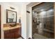 Bathroom with vanity, large mirror and walk-in shower at 9005 Stonecrest Way, Highlands Ranch, CO 80129