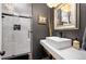Modern bathroom with a stylish vanity, unique lighting, and a glass-enclosed shower, adding a touch of elegance at 4011 S Ivy Ln, Cherry Hills Village, CO 80111