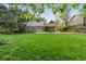Spacious backyard featuring lush green grass, mature trees, and a covered patio at 6222 S Ames Ct, Littleton, CO 80123