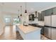 Modern kitchen boasts gray cabinets, stainless steel appliances, and a large island with pendant lighting at 1755 Peak Loop, Broomfield, CO 80023