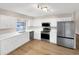 Updated kitchen featuring stainless steel appliances, white cabinets, and wood flooring at 8133 W Quarto Ave, Littleton, CO 80128