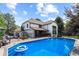 Beautiful backyard with an in-ground pool, patio, and outdoor lounge area at 5955 Blue Sage Way, Littleton, CO 80123