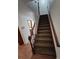 Carpeted staircase with stained wood railing and white risers at 3136 S Cathay Cir, Aurora, CO 80013