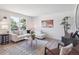 Bright living room featuring hardwood floors, a modern sofa, and neutral decor at 1718 S Flanders Way, Aurora, CO 80017