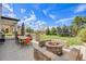 Entertainers backyard with stone fire pit, grill area, patio seating and trampoline at 703 Tiger Lily Way, Highlands Ranch, CO 80126