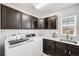 Laundry room featuring a modern washer and dryer, dark cabinets, a sink, and a window at 703 Tiger Lily Way, Highlands Ranch, CO 80126