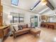 Bright living space with wood floors, a comfortable seating area, and access to an enclosed porch at 9787 W Ohio Ave, Lakewood, CO 80226