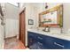 Bathroom boasts double sink vanity with blue cabinets and a colorful mirror at 6457 Willow Broom Trl, Littleton, CO 80125