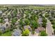 Overhead view of a neighborhood with mature trees, grass lawns, and mountain views in the background at 4393 E Andover Ave, Castle Rock, CO 80104