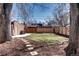 Large, level backyard is bordered by a wood fence, mature trees, and a detached garage at 1378 Forest St, Denver, CO 80220