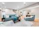 Spacious living room featuring neutral walls, hardwood floors, recessed lighting, and comfortable blue seating at 8240 W Tennessee Ave, Lakewood, CO 80226