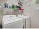 Convenient laundry room with washer, dryer, and ample storage shelving at 16845 Buffalo Valley Path, Monument, CO 80132