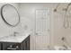 Bathroom with a vanity with marble top and white fixtures including a shower and a toilet at 123 Wheat Ridge St, Palmer Lake, CO 80133