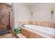 A tiled bathtub with adjacent tiled shower stall at 19890 Indian Summer Ln, Monument, CO 80132