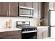 Close-up of a kitchen featuring stainless steel appliances, modern cabinetry, and white countertops at 6307 Dayton Ct, Denver, CO 80238