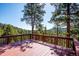 Lovely back deck perfect for entertaining guests, with a view of the mountains beyond at 7350 Timber Trail Rd, Evergreen, CO 80439