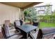 Covered patio with dark cushioned chairs with a table centered with landscaped backyard view at 24686 E Florida Ave, Aurora, CO 80018