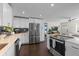 Well-lit kitchen boasting stainless steel appliances, dark wood floors, and ample cabinet space at 3011 Oneida St, Denver, CO 80207