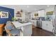 Modern kitchen with breakfast bar, white cabinetry, stainless appliances and dark backsplash at 3011 Oneida St, Denver, CO 80207