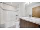 Bathroom showcasing a shower-over-tub, contemporary fixtures and a modern vanity at 3008 Blake St, Denver, CO 80205