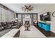 Inviting living room featuring a fireplace, hardwood floors, and an entertainment center at 12678 Fisher Ln, Englewood, CO 80112