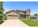 Beautiful two-story home with stone accents, a front porch, manicured lawn and a 2-car garage at 7099 Cerney Cir, Castle Pines, CO 80108