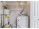 A laundry room features a washer, dryer, water heater, and wire shelving for storage and functionality at 2575 S Syracuse Way # 101, Denver, CO 80231