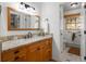 Well-lit bathroom featuring wood cabinetry, granite countertops, and a framed mirror at 4185 Red Rock Dr, Larkspur, CO 80118