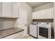 Well-equipped laundry room with white cabinets, counter space, and modern washer and dryer units at 6712 Sea Oats Dr, Parker, CO 80138