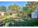 A large backyard with mature trees and sheds offers plenty of space for outdoor activities at 7735 Westview Dr, Lakewood, CO 80214