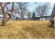 Spacious backyard offering a large grassy area with mature trees and neighboring townhomes at 5865 E Ithaca Pl, Denver, CO 80237