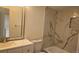 Bathroom with marble-tiled shower, vanity and framed mirror at 18531 E Tanforan Pl, Aurora, CO 80015