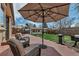 Brick patio with umbrellas and wicker furniture set offers a cozy and inviting outdoor living space at 3630 W Saratoga Ave, Littleton, CO 80123