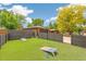 Spacious backyard features artificial grass, a cornhole game, and a privacy fence perfect for outdoor entertaining at 12256 W 34Th Pl, Wheat Ridge, CO 80033