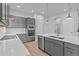 Modern kitchen featuring gray cabinets, quartz countertops, stainless steel appliances, and wood floors at 21204 E 63Rd Dr, Aurora, CO 80019