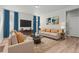 Bright living room with plush seating, modern decor, and a large flat-screen television for entertainment at 21204 E 63Rd Dr, Aurora, CO 80019