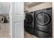 Bright laundry room equipped with a modern, front-load washer and dryer at 6740 S Windermere St, Littleton, CO 80120
