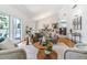 Bright living room with vaulted ceiling, stylish furniture, and sliding glass door to outside patio at 3722 S Quebec St, Denver, CO 80237