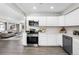 Modern kitchen featuring white cabinets, stainless steel appliances, and a subway tile backsplash at 914 Quari Ct, Aurora, CO 80011