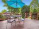Back deck featuring a table, chairs, and colorful cushions under a shade umbrella at 9867 Mulberry Way, Highlands Ranch, CO 80129