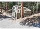 Exterior image of guesthouse surrounded by tall pine trees on a gravel driveway at 24949 N Mountain Park Dr, Evergreen, CO 80439