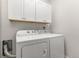 Efficient laundry area featuring white appliances, overhead cabinets for storage, and clean, functional design at 11791 Bradburn Blvd, Westminster, CO 80031
