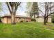 Spacious backyard with lush green lawn, mature trees, brick home, and a storage shed at 9000 W 4Th Pl, Lakewood, CO 80226