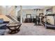 Spacious basement with gym equipment, a cozy seating area, and a unique coffee table at 8438 Prairie Clover Way, Parker, CO 80134