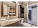 Functional bathroom with a granite countertop, modern faucet, and additional storage over the toilet at 8438 Prairie Clover Way, Parker, CO 80134