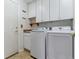 Convenient laundry room equipped with a washer, dryer, and overhead cabinets for storage at 1185 S Kramer Ct, Aurora, CO 80012