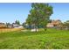 Backyard featuring a large tree, grassy area and outdoor entertainment at 18662 E Brown Pl, Aurora, CO 80013