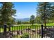 Beautiful backyard features lush green grass, mature trees, and a stunning mountain view at 1555 Genesee Ridge Rd, Golden, CO 80401