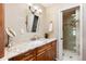 Bright bathroom featuring a granite countertop vanity, wood cabinetry, and a glass-enclosed shower at 1555 Genesee Ridge Rd, Golden, CO 80401